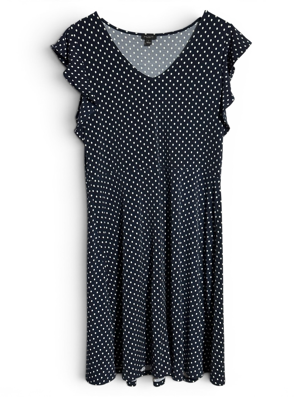 Ann Taylor Factory Navy Polka Dot Blue V-Neck Flutter Short Sleeve A-Line Dress - Picture 8 of 10